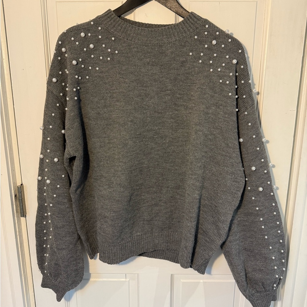 Zara Look-a-like Charcoal Pearl-Studded Women's Sweater